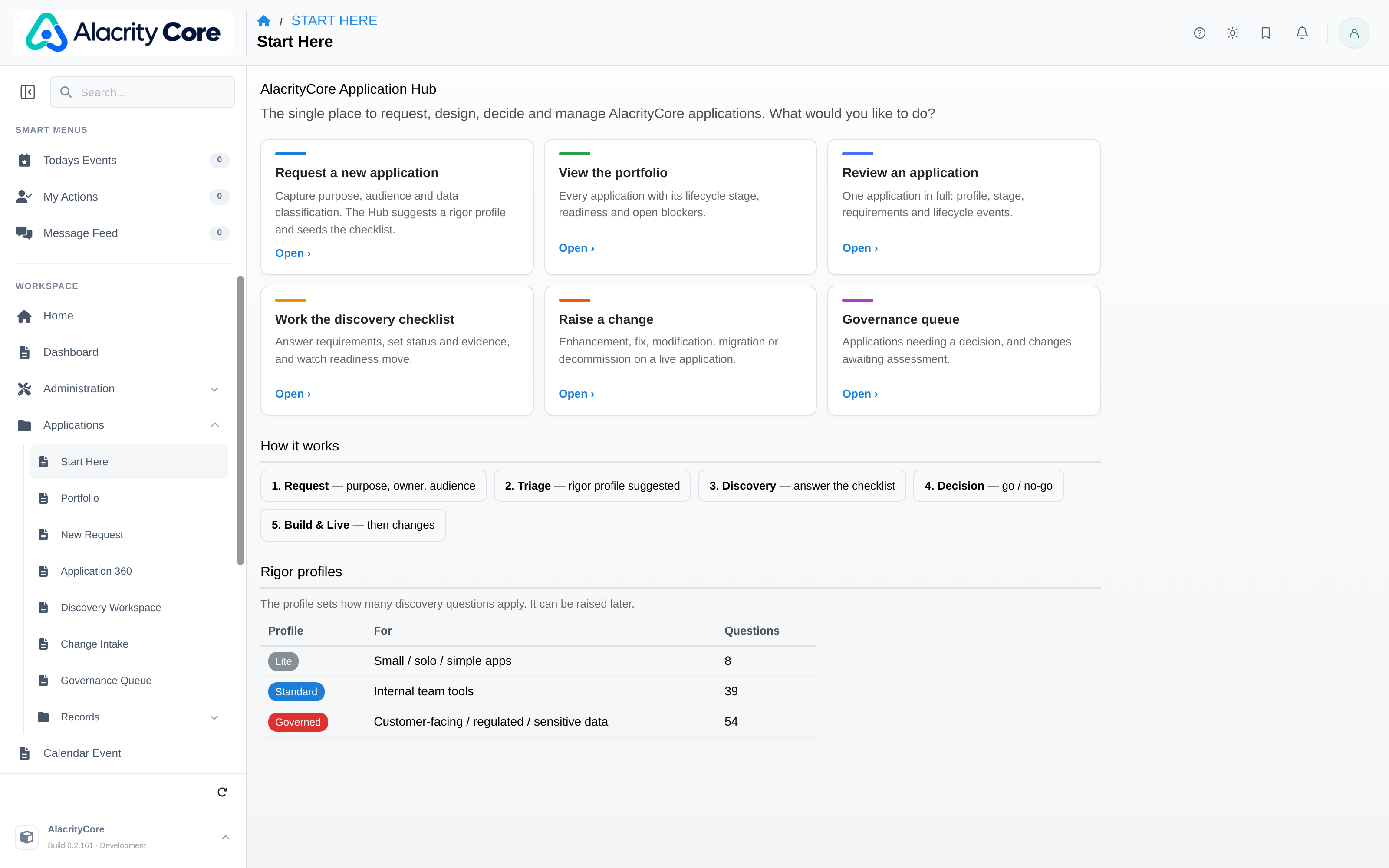 The AlacrityCore Application Hub start page