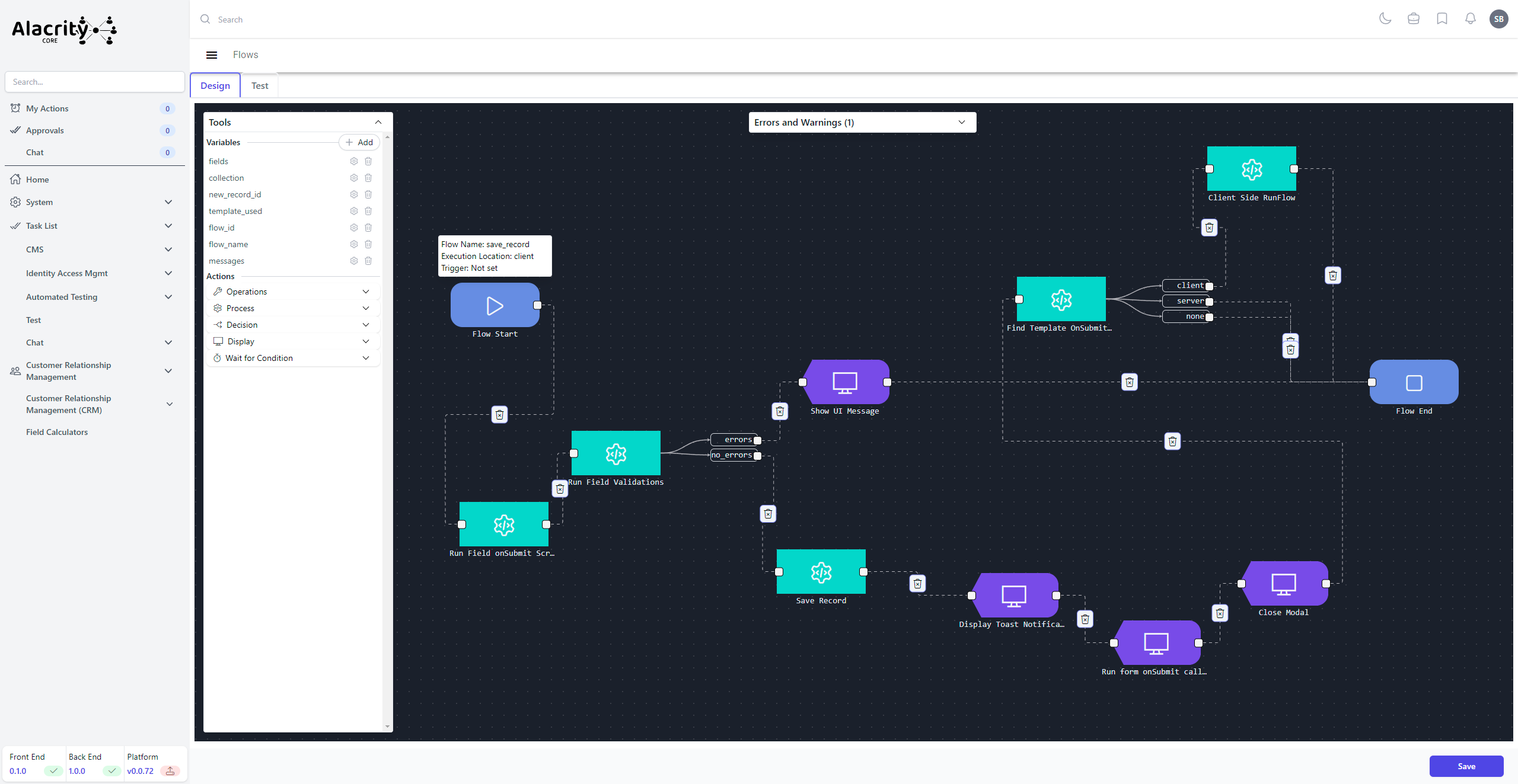 The AlacrityCore visual flow editor